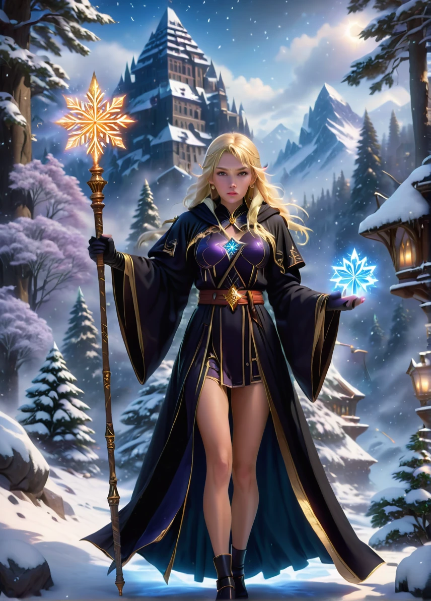 ice mage, (old slim female: 1.5), (blonde hair: 1.1), (serious concentrated look: 1.5), skinny, snowflakes symbols and patterns, snowy mountains and trees , holding an magic staff and book, full shot, ((looking at viewer:1.2), (from side:0.8)), full black robe, athletic, volumetric lighting dynamic lighting, real shadows, vibrant contrasting colors, style of Stephen Hickman and Stan Manoukian, ultra realistic, masterpiece, high quality, highres, sharp focus, intricate, sharp details, highly detailed, rich color, 8K,