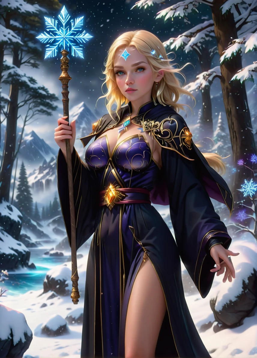 ice mage, (old slim female: 1.5), (blonde hair: 1.1), (serious concentrated look: 1.5), skinny, snowflakes symbols and patterns, snowy mountains and trees , holding an magic staff and book, full shot, ((looking at viewer:1.2), (from side:0.8)), full black robe, athletic, volumetric lighting dynamic lighting, real shadows, vibrant contrasting colors, style of Stephen Hickman and Stan Manoukian, ultra realistic, masterpiece, high quality, highres, sharp focus, intricate, sharp details, highly detailed, rich color, 8K,