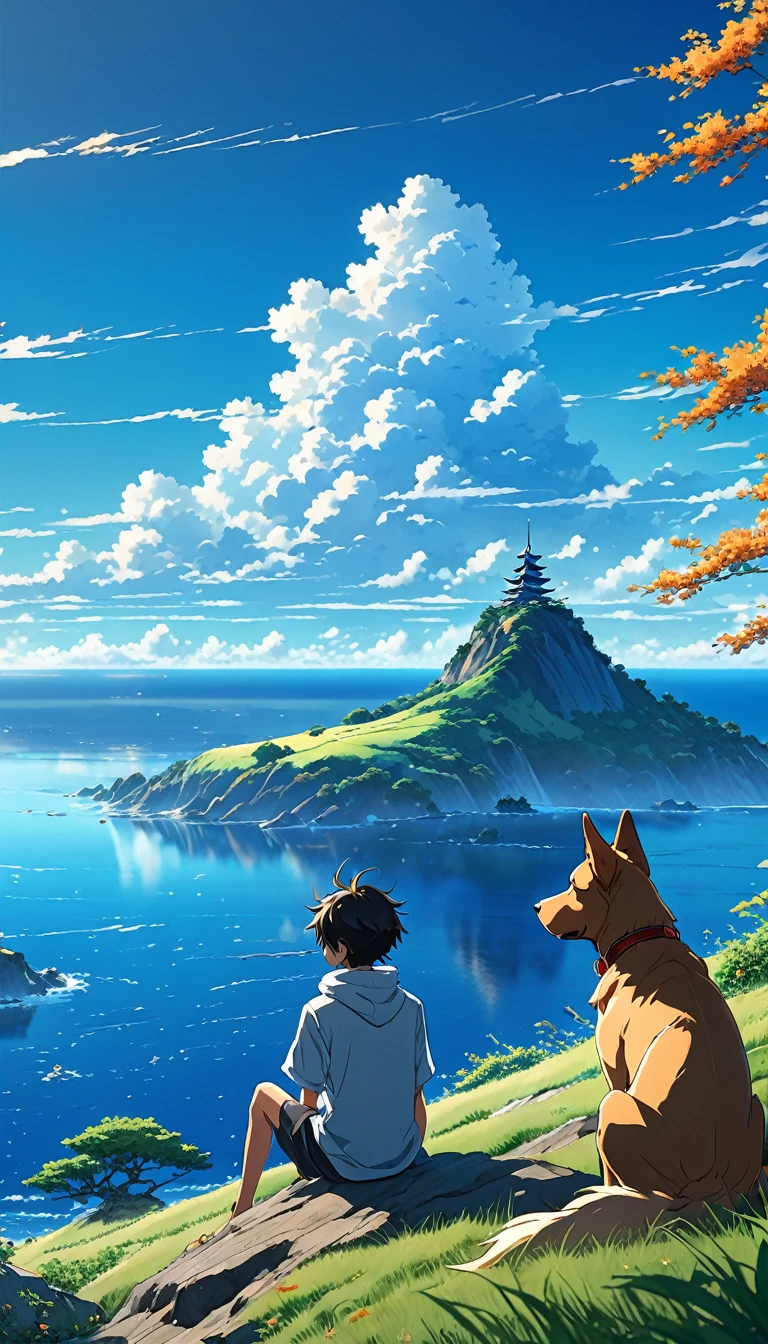 high quality, 8K Ultra HD, great detail, masterpiece, an anime style digital illustration, anime landscape of a boy with his dog sitting on a hill, looking at a cloudless sea-like blue sky, calm, serene, nature screen anime with serene sky, beautiful anime scene, beautiful anime peace scene, Makoto Shinkai Cyril Rolando, beautiful anime scene, amazing wallpaper, 8k anime art wallpaper, anime background, art anime background , 4k anime wallpaper, 4k anime art wallpaper, 4k anime art wallpaper,