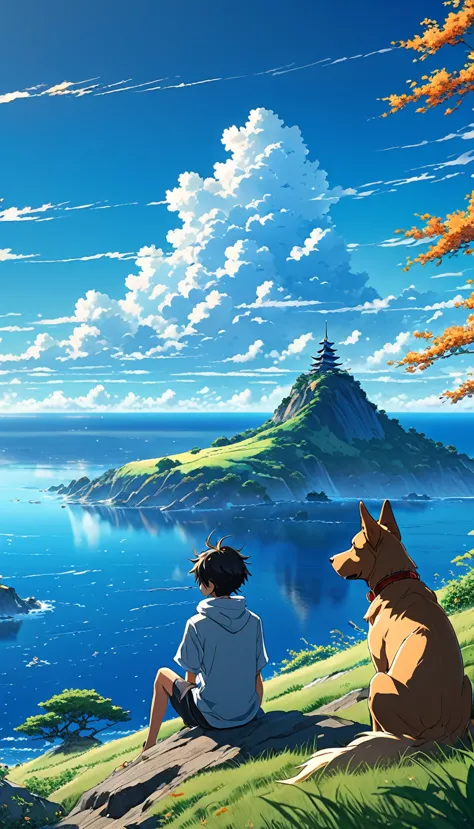 high quality, 8K Ultra HD, great detail, masterpiece, an anime style digital illustration, anime landscape of a boy with his dog...