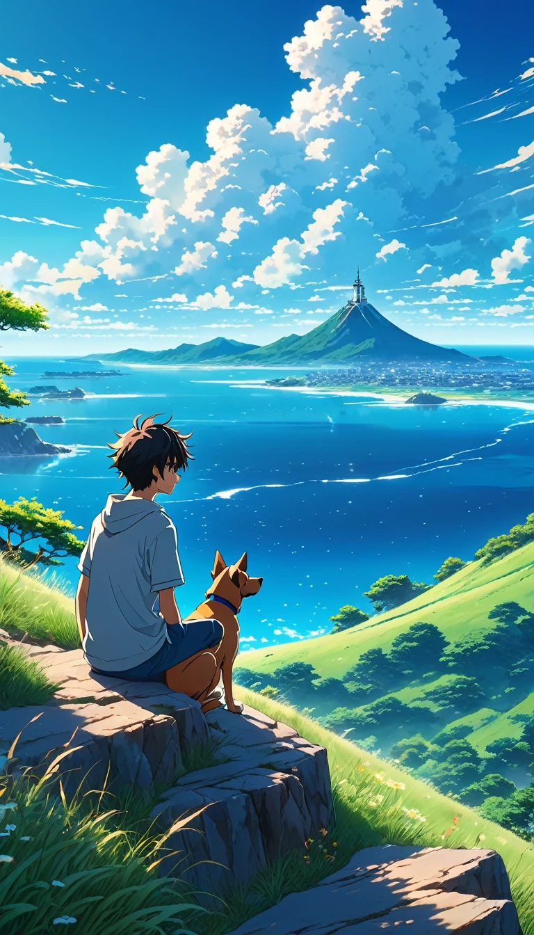 high quality, 8K Ultra HD, great detail, masterpiece, an anime style digital illustration, anime landscape of a boy with his dog sitting on a hill, looking at a cloudless sea-like blue sky, calm, serene, nature screen anime with serene sky, beautiful anime scene, beautiful anime peace scene, Makoto Shinkai Cyril Rolando, beautiful anime scene, amazing wallpaper, 8k anime art wallpaper, anime background, art anime background , 4k anime wallpaper, 4k anime art wallpaper, 4k anime art wallpaper,