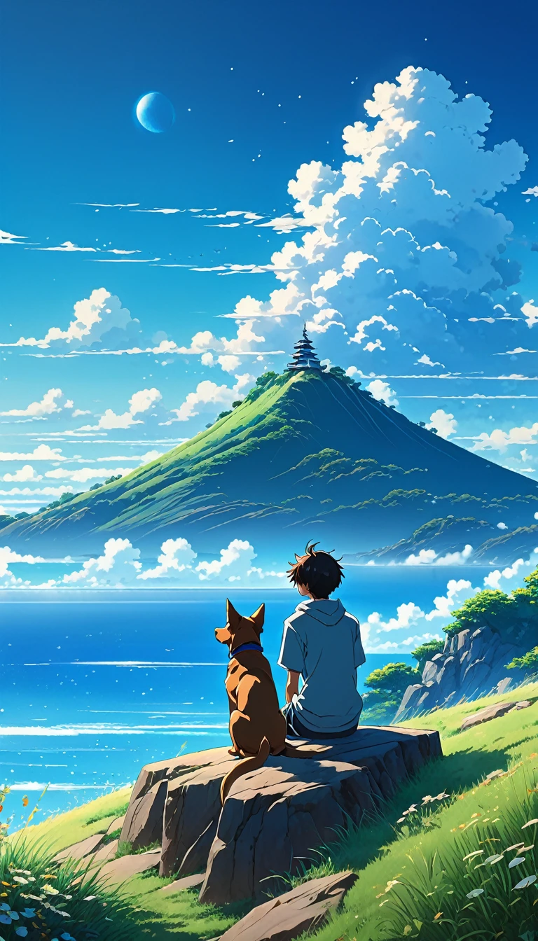 high quality, 8K Ultra HD, great detail, masterpiece, an anime style digital illustration, anime landscape of a boy with his dog sitting on a hill, looking at a cloudless sea-like blue sky, calm, serene, nature screen anime with serene sky, beautiful anime scene, beautiful anime peace scene, Makoto Shinkai Cyril Rolando, beautiful anime scene, amazing wallpaper, 8k anime art wallpaper, anime background, art anime background , 4k anime wallpaper, 4k anime art wallpaper, 4k anime art wallpaper,