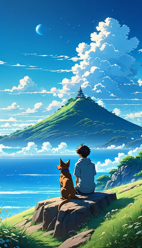 high quality, 8K Ultra HD, great detail, masterpiece, an anime style digital illustration, anime landscape of a boy with his dog...