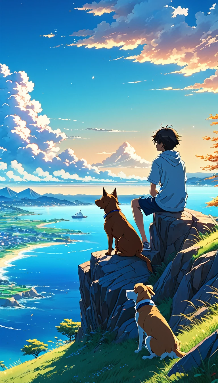 high quality, 8K Ultra HD, great detail, masterpiece, an anime style digital illustration, anime landscape of a boy with his dog sitting on a hill, looking at a cloudless sea-like blue sky, calm, serene, nature screen anime with serene sky, beautiful anime scene, beautiful anime peace scene, Makoto Shinkai Cyril Rolando, beautiful anime scene, amazing wallpaper, 8k anime art wallpaper, anime background, art anime background , 4k anime wallpaper, 4k anime art wallpaper, 4k anime art wallpaper,