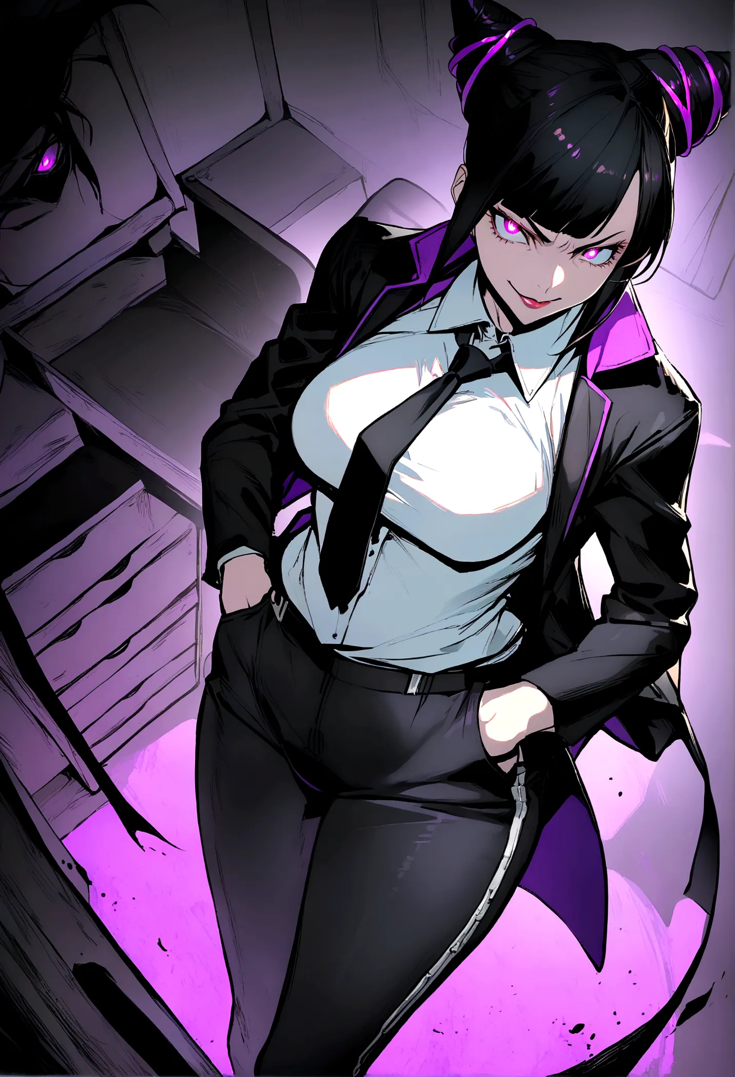 juri han, artwork, tight white secretary shirt with black tie, bblack hair,evil smile,desk,bangs on the eyes,lighting,horn of ha...