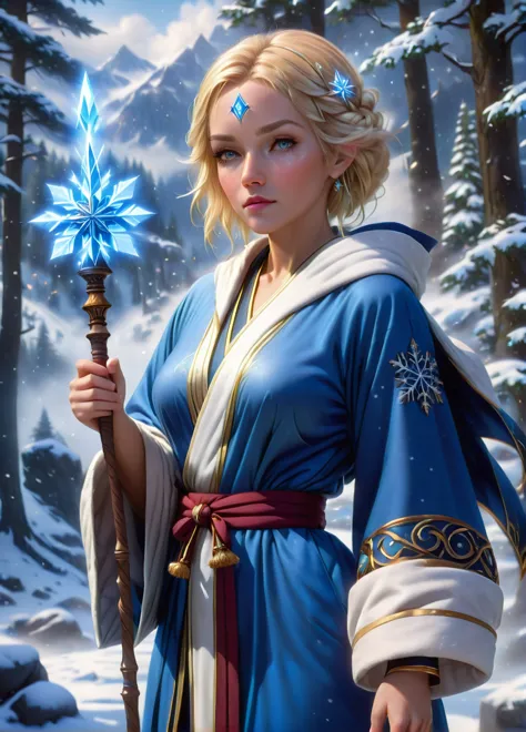 ice mage, (old slim female: 1.5), (blonde hair: 1.1), (serious concentrated look: 1.5), skinny, snowflakes symbols and patterns,...
