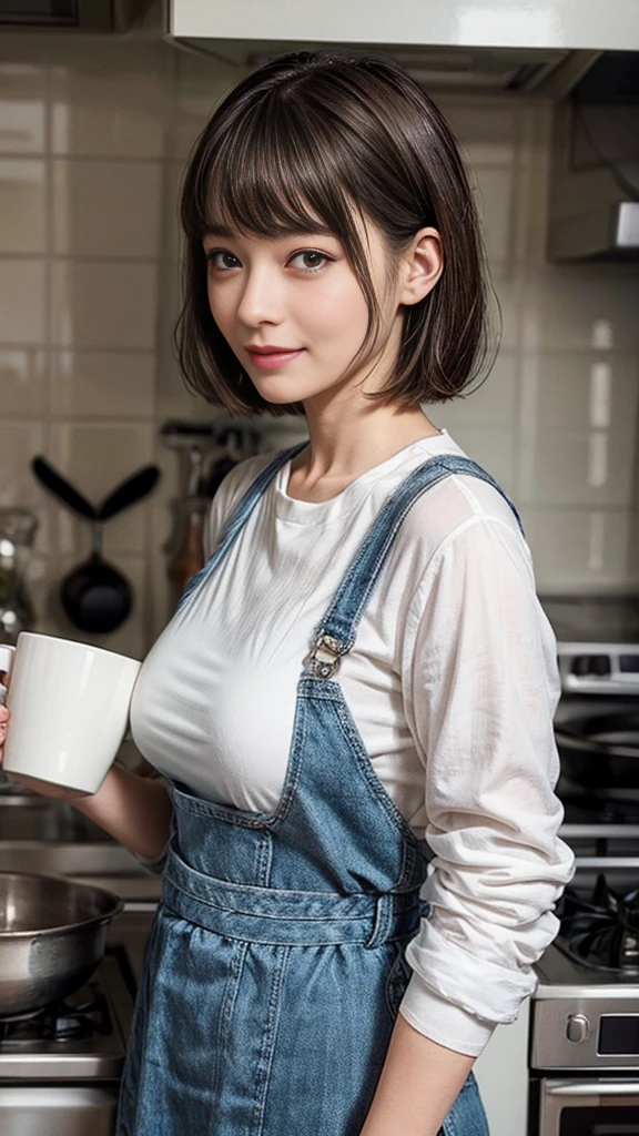 Browsing Caution:1.1、Active women, smile、Age: 40 years old, Mature Woman, Bake cookies in a sunny kitchen, Surrounded by flour, Stir the bowl、Huge breasts 、short hair、Black-haired、Wearing a white apron、Long Sleeve T-Shirt、((Tight clothing))、(blunt bangs)