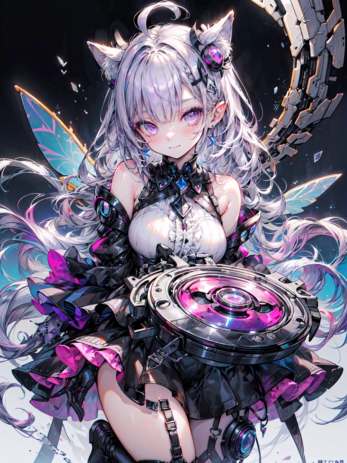 Best image quality、(((Ezvian Everywhere))),Character Portrait、Great style、Laugh hard、Beautiful feet、Leather shoes、Dynamic pose、, young、Gothic Lolita, (((Light purple hair))), Purple eyes, (mascara), Blunt bangs, ((Hair above the eyes)), Long Hair, Pink mixed hair、Mesh Color Pink、Big Breasts、 Frills,白いFrills, Black Theme, Blake、 ((colorful, bright色):1.3), (Black dress with holographic sheen:1.5), ((rainbow crinoline, A striking black layered skirt):1.4), (Gothic Lolita:1.2), (Lace-up:1.2), ((No sleeve, Expose your shoulders):1.2), (Rainbow Fairy Wings:1.3),Armor Textures、 Blake、 (Platform high boots:1.1), (Long gloves:1.2), ((Earrings, Send back):1.2), Faithfully, (((Eye focus))), (((Laughter))), The background is blurred, Hollow Eyes, Purple Theme、Viewer Display, (((night))), (((hair ornaments)))、Organic Armor Cyborg、Machine Armor、Armor Texture、Blake、（Dark Elf), (1 Girl), alone, Perfect Face, Get used to it, Ahoge, ((Long Hair:1.2)),[[Messy Hair]], Shiny blonde white hair, Purple eyes, Variegated eyes, colorfulな髪, Shining Eyes, (eyelash, eye shadow, pink eye shadow), bright, smile, Design Art：Haruhiko Mikimoto, by Kawashi, By Yoshitaka Amano