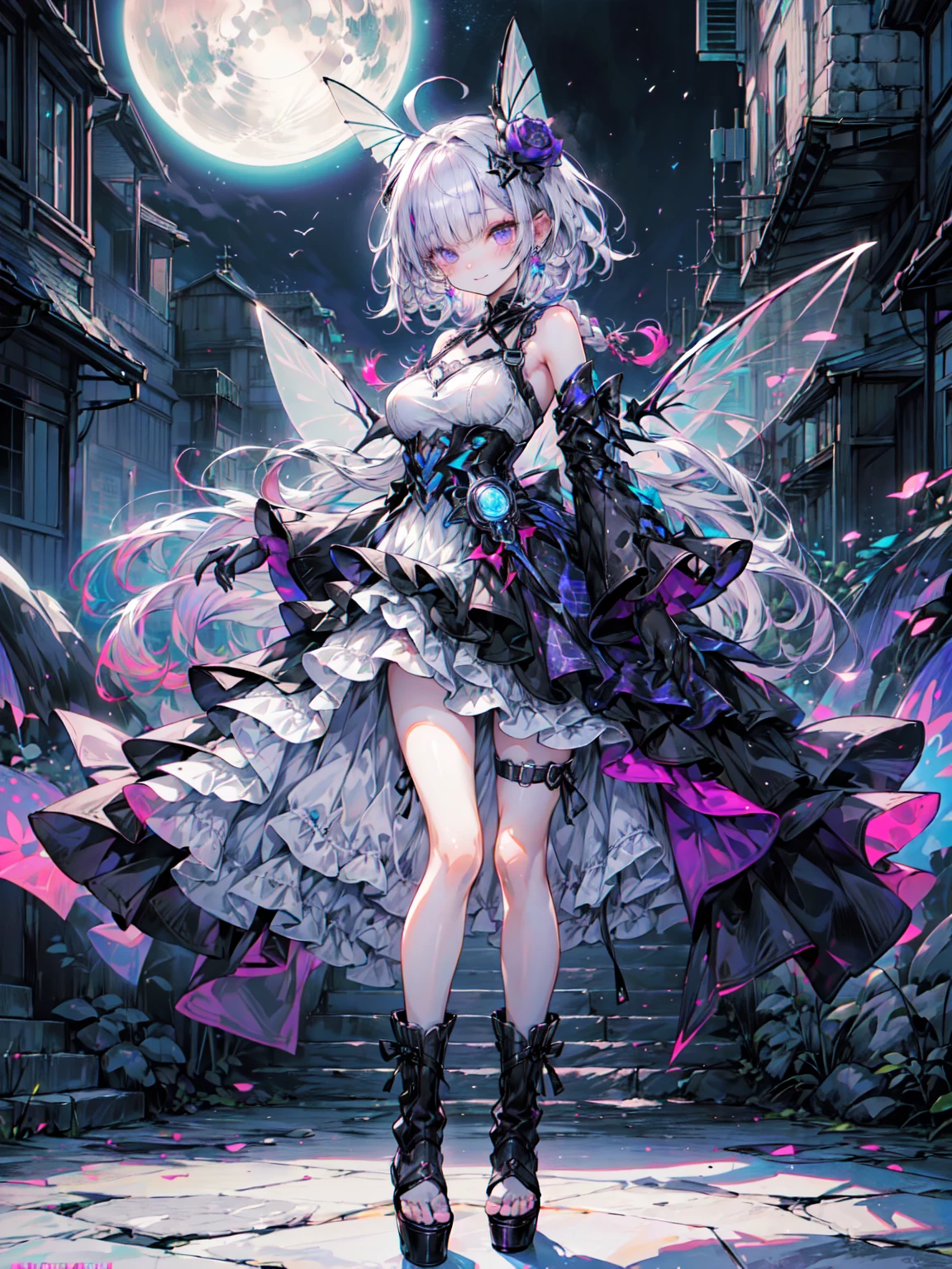 Best image quality、(((Ezvian Everywhere))),Character Portrait、Great style、Laugh hard、Beautiful feet、Leather shoes、Dynamic pose、, young、Gothic Lolita, (((Light purple hair))), Purple eyes, (mascara), Blunt bangs, ((Hair above the eyes)), Long Hair, Pink mixed hair、Mesh Color Pink、Big Breasts、 Frills,白いFrills, Black Theme, Blake、 ((colorful, bright色):1.3), (Black dress with holographic sheen:1.5), ((rainbow crinoline, A striking black layered skirt):1.4), (Gothic Lolita:1.2), (Lace-up:1.2), ((No sleeve, Expose your shoulders):1.2), (Rainbow Fairy Wings:1.3),Armor Textures、 Blake、 (Platform high boots:1.1), (Long gloves:1.2), ((Earrings, Send back):1.2), Faithfully, (((Eye focus))), (((Laughter))), The background is blurred, Hollow Eyes, Purple Theme、Viewer Display, (((night))), (((hair ornaments)))、Organic Armor Cyborg、Machine Armor、Armor Texture、Blake、（Dark Elf), (1 Girl), alone, Perfect Face, Get used to it, Ahoge, ((Long Hair:1.2)),[[Messy Hair]], Shiny blonde white hair, Purple eyes, Variegated eyes, colorfulな髪, Shining Eyes, (eyelash, eye shadow, pink eye shadow), bright, smile, Design Art：Haruhiko Mikimoto, by Kawashi, By Yoshitaka Amano