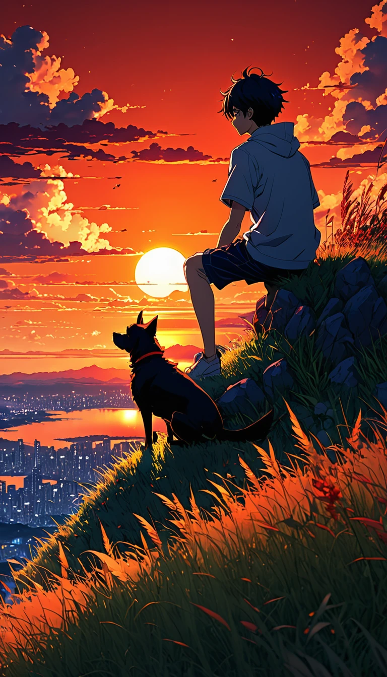 high quality, 8K Ultra HD, great detail, masterpiece, an anime-style digital illustration, anime landscape of a boy with his dog sitting on a hill of grass looking at a hellish orange and red sunset, nature anime wallpapers with a serene sky, anime beautiful scene, beautiful anime peace scene, Makoto Shinkai Cyril Rolando, beautiful anime scene, amazing wallpaper, 8k anime art wallpaper, anime background, art anime background, background anime wallpaper 4k, anime art wallpaper 4k, 4k