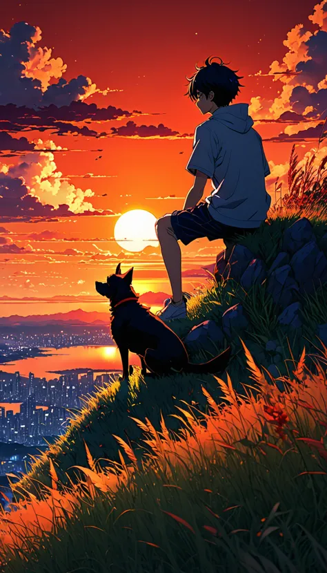 high quality, 8K Ultra HD, great detail, masterpiece, an anime-style digital illustration, anime landscape of a boy with his dog...