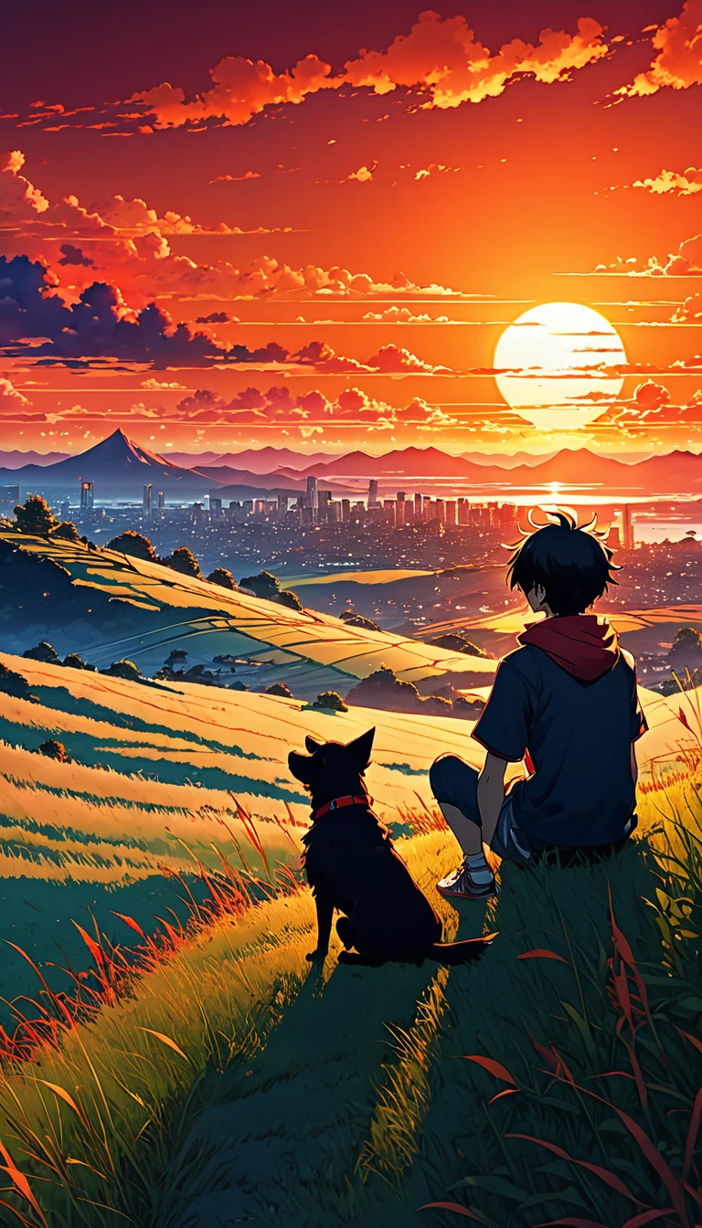 high quality, 8K Ultra HD, great detail, masterpiece, an anime-style digital illustration, anime landscape of a boy with his dog sitting on a hill of grass looking at a hellish orange and red sunset, nature anime wallpapers with a serene sky, anime beautiful scene, beautiful anime peace scene, Makoto Shinkai Cyril Rolando, beautiful anime scene, amazing wallpaper, 8k anime art wallpaper, anime background, art anime background, background anime wallpaper 4k, anime art wallpaper 4k, 4k