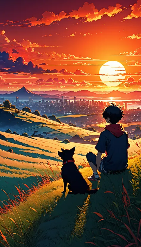 high quality, 8K Ultra HD, great detail, masterpiece, an anime-style digital illustration, anime landscape of a boy with his dog...