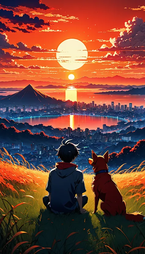high quality, 8K Ultra HD, great detail, masterpiece, an anime-style digital illustration, anime landscape of a boy with his dog...