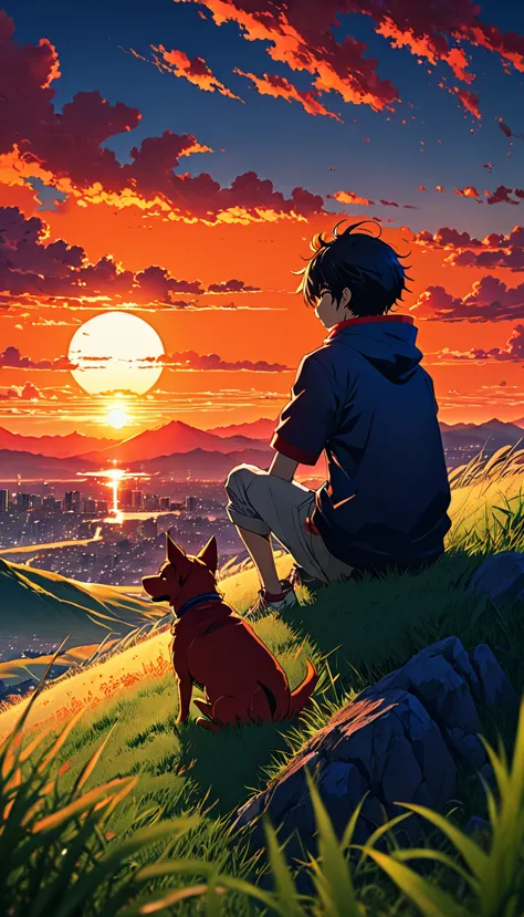 high quality, 8K Ultra HD, great detail, masterpiece, an anime-style digital illustration, anime landscape of a boy with his dog...