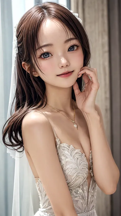 one piece wedding dress、beautiful young wife、super detailed、particles of light:0.5、shiny and smooth skin texture、first night、lov...