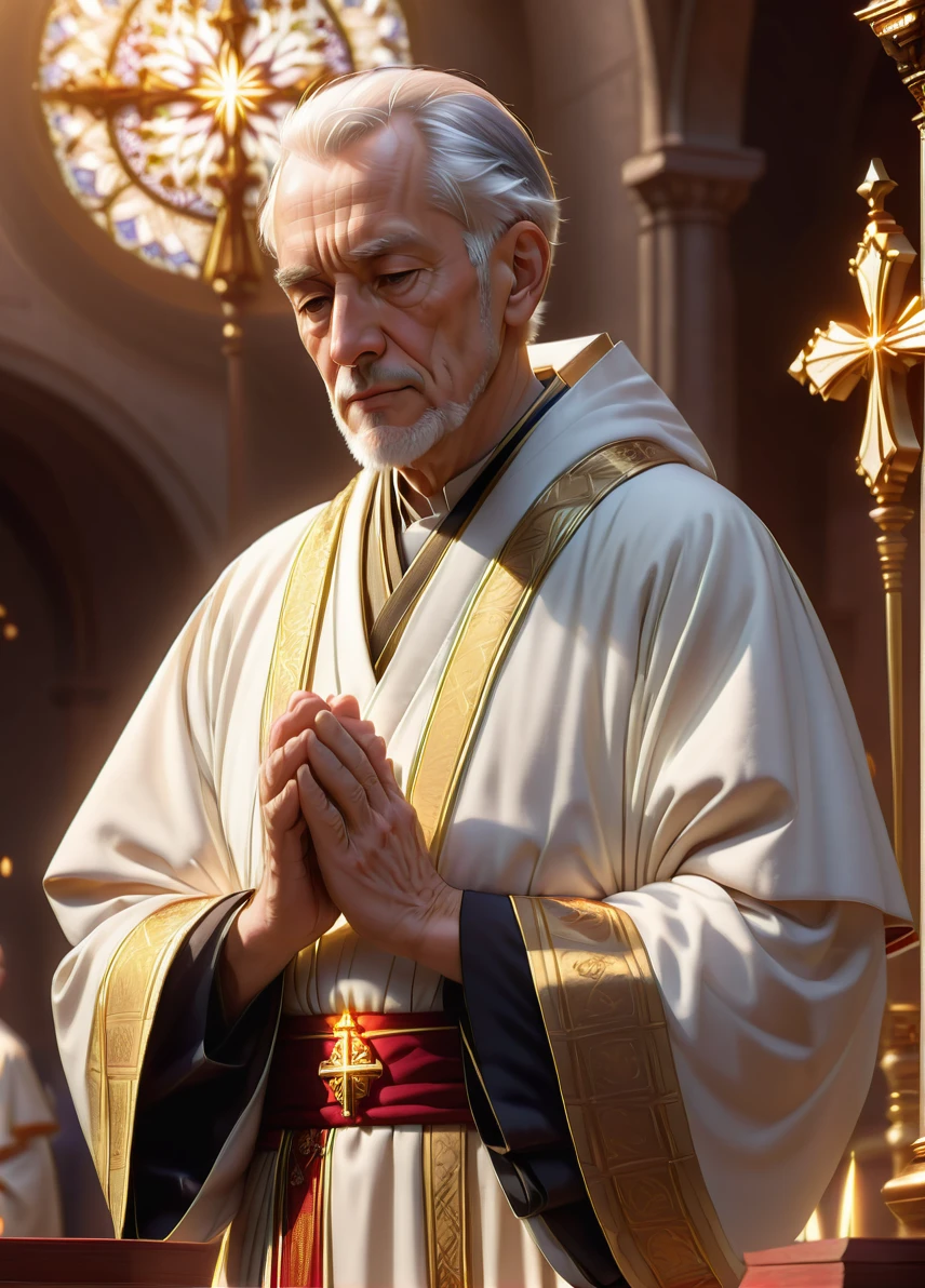 priest, (old slim male: 1.5), (white hair: 1.1), (serious concentrated look: 1.5), skinny, holly symbols and patterns, (white and gold robe: 1.5), church in sunny glow , praying to god, full shot, ((looking at viewer:1.2), (from side:0.8)), athletic, volumetric lighting dynamic lighting, real shadows, vibrant contrasting colors, style of Stephen Hickman and Stan Manoukian, ultra realistic, masterpiece, high quality, highres, sharp focus, intricate, sharp details, highly detailed, rich color, 8K,
