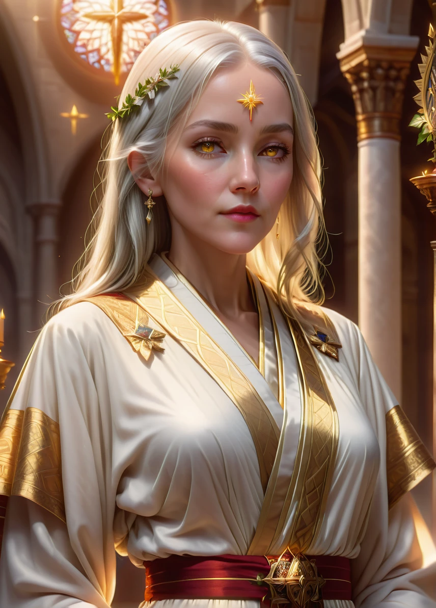 priestess, (old slim female: 1.5), (white hair: 1.1), (serious calm look: 1.5), skinny, holly symbols and patterns, (white and gold robe: 1.5), church in sunny glow , praying to god, full shot, ((looking at viewer:1.2), (from side:0.8)), athletic, volumetric lighting dynamic lighting, real shadows, vibrant contrasting colors, style of Stephen Hickman and Stan Manoukian, ultra realistic, masterpiece, high quality, highres, sharp focus, intricate, sharp details, highly detailed, rich color, 8K,