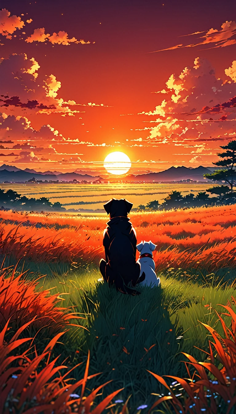 high quality, 8K Ultra HD, great detail, masterpiece, an anime-style digital illustration, anime landscape of a boy with his dog sitting in a field of grass looking at a hellish orange and red sunset, nature anime wallpapers with a serene sky, anime beautiful scene, beautiful anime peace scene, Makoto Shinkai Cyril Rolando, beautiful anime scene, amazing wallpaper, 8k anime art wallpaper, anime background, art anime background, background anime wallpaper 4k, anime art wallpaper 4k, 4k