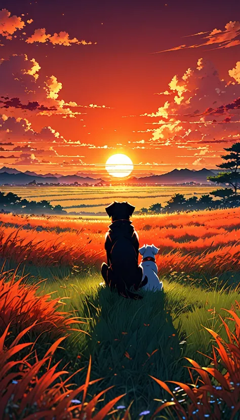 high quality, 8K Ultra HD, great detail, masterpiece, an anime-style digital illustration, anime landscape of a boy with his dog...