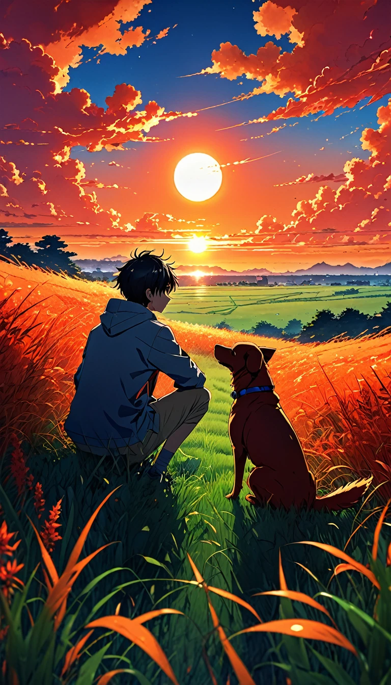 alta calidad, 8k ultra alta definición, Gran detalle, Obra maestra, una ilustración digital de estilo anime, paisaje anime de un niño con su perro sentado en un campo de hierba mirando una infernal puesta de sol naranja y roja, Fondos de pantalla de anime de naturaleza con un cielo sereno., anime hermosa escena, hermosa escena de paz anime, Makoto Shinkai Cyril Rolando, hermosa escena de anime, increíble fondo de pantalla, Fondo de pantalla de arte anime 8K, fondo animado, art fondo animado, fondo animado fondos de pantalla 4k, fondo de pantalla de arte anime 4k, 4k