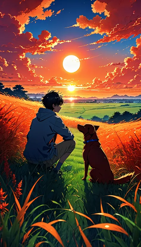 high quality, 8K Ultra HD, great detail, masterpiece, an anime-style digital illustration, anime landscape of a boy with his dog...