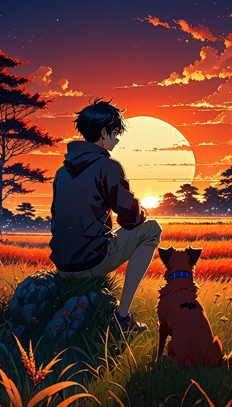 alta qualidade, 8K ultra-HD, Grande detalhe, Obra de arte, Uma ilustração digital estilo anime, paisagem de anime de um menino com seu cachorro sentado em um campo de grama olhando para um pôr do sol infernal laranja e vermelho, papéis de parede de anime da natureza com um céu sereno, linda cena de anime, linda cena de paz de anime, Makoto Shinkai Cyril Rolando, linda cena de anime, papel de parede incrível, Papel de parede de arte de anime 8K, fundo de anime, art fundo de anime, background anime wallpaper 4K, anime art wallpaper 4K, 4K