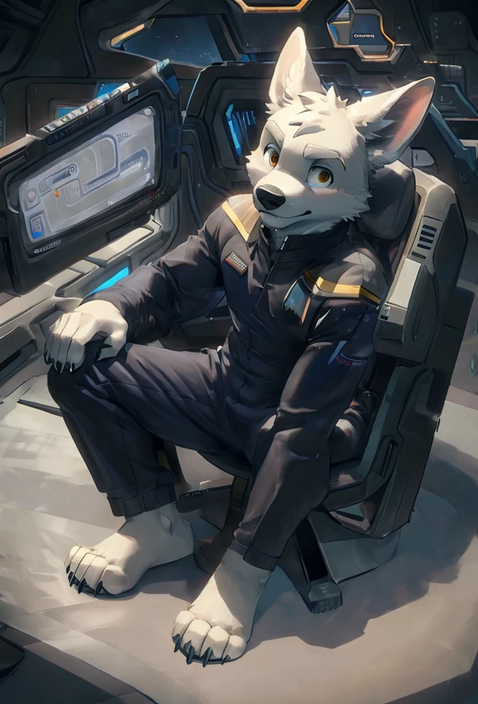 (((Barefoot furry character, full body, cinematic setting, furry male, plantigrade))) 

(((Bolt))) (anthro dog with white fur, very cute and young looking face, big black snout), exudes confidence and authority as he sits in the captain's chair, and his (((Star Trek uniform))) with the Starfleet Delta badge on his chest is a perfect match for his muscular figure. Handsome clawed feet paws dominate the bridge of the star ship and its crew. ((Bridge of Star Trek starship with many screens and consoles as background)), futuristic look, metalic. anatomically correct, dark blue jumpsuit, yellow piping on shoulders

BREAK, intricate details, highly detailed, extreme detail, octane render, fine art, best quality, highres, (detailed face:1.5), ((full_body)), UHD, (((perfect hands))), low light