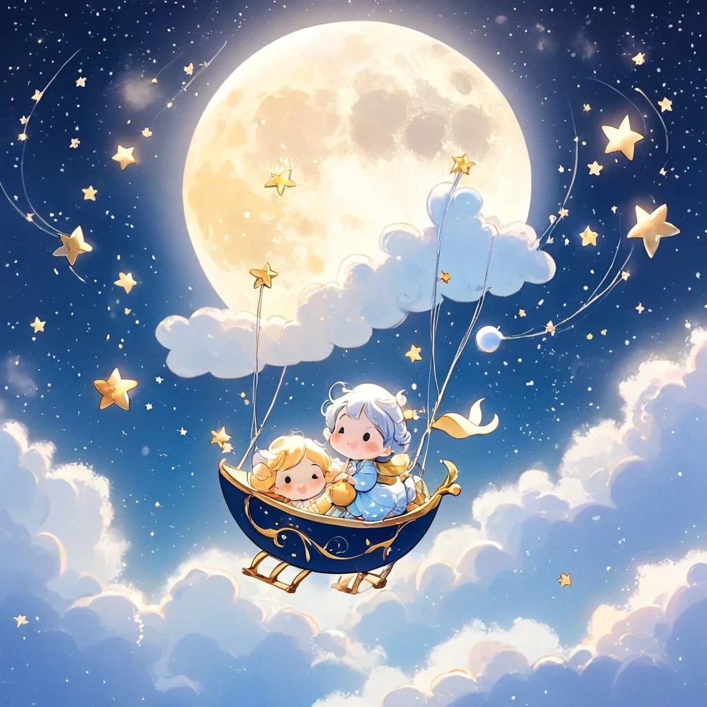 Nahaufnahme von Zeichentrickfiguren, die am Himmel fliegen, a storybook Illustration by Ni Duan, tumblr, Digital art, süße digitale Kunst, cute Illustration, im Mond, schönes digitales Gemälde, the Mond und Sterne, dreamy Illustration, Illustration, zum Mond, Mond und Sterne, Illustration!, a beautiful artwork Illustration, süße detaillierte digitale Kunst, Schöne Kunstwerke