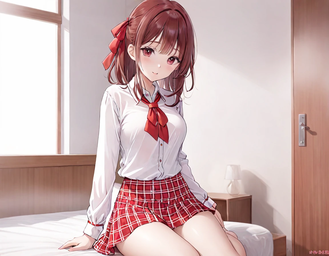 White shirt with ribbon showing nipples、She rolls up her red and white checkered miniskirt so that her cute white lingerie is completely visible.、barefoot