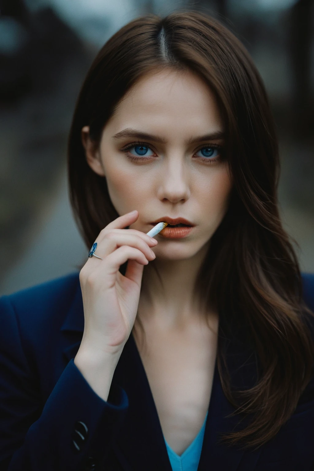 woman with long brown hair and blue eyes smoking cigarette, black blazer, shot with sony alpha, woman smoking a cigarette, cinematic portrait, soft portrait shot 8 k, sad woman smoking a gigarette, dramatic smoking pose, shot with sony alpha 1 camera, 50mm portrait, alessio albi, portrait of a ominous girl, dramatic cinematic portrait