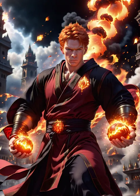 fire mage, (young muscular  male: 1.5), (ginger hair: 1.1), (serious angry look: 1.5), skinny, magic symbols and patterns, (red ...
