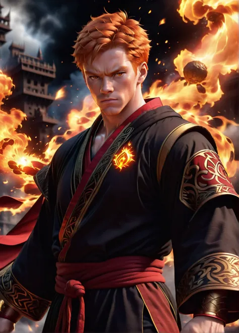 fire mage, (young muscular  male: 1.5), (ginger hair: 1.1), (serious angry look: 1.5), skinny, magic symbols and patterns, (red ...