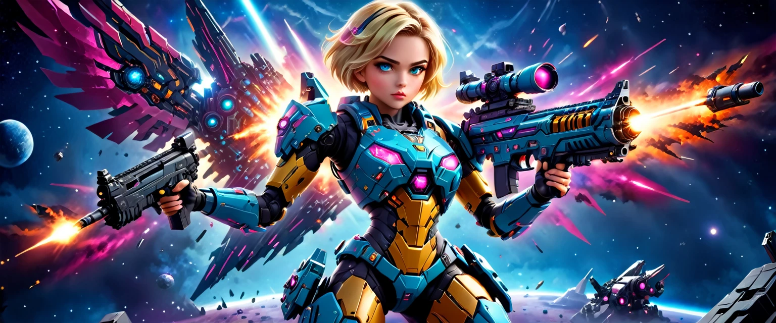 a female mech warrior im Kampf on a moon in space, Ganzkörperaufnahme, Action-Aufnahme, eine knallharte und schöne Mech-Kriegerin, kurze blonde Haare, dynamische Augenfarbe, aufmerksamer Blick, Extrem detailliert face, bestes detailliertes Gesicht, Sie trägt eine Mech-Rüstung, und massive Sci-Fi-Waffe, im Kampf, Weltraumhintergrund, Sterne, beschwingt, ultrahohe Auflösung, Hoher Kontrast, (Meisterwerk:1.5), höchste Qualität, Beste Ästhetik), beste Details, beste Qualität, highres, (Ultraweitwinkel: 1.2), 16k, Extrem detailliert, Meisterwerk, beste Qualität, (Extrem detailliert),aetherpunkai, Mechanische Kreaturen, Sturmgewehr