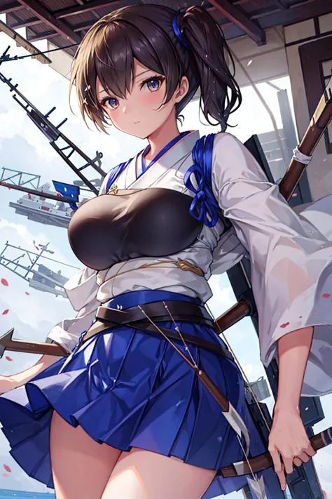 Kaga(Fleet Collection),highest quality, masterpiece, High resolution,kimono,blue skirt,side ponytail,big_breasts,solo,Japanese_b...