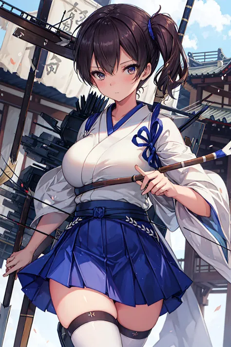 Kaga(Fleet Collection),highest quality, masterpiece, High resolution,kimono,blue skirt,side ponytail,big_breasts,solo,Japanese_b...