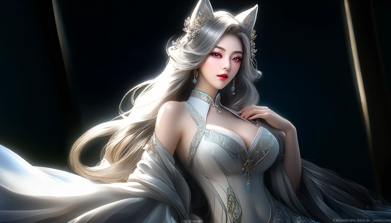 Woman in transparent dress,Viewer,(((Full breasts, Keeley University))),Slim waist,(Navel exposed,Bare waist), Long hair, extreme detailed details, Detailed fantasy art, Stunning character art, Beautiful and exquisite character art, Beautiful transparent dress, Very detailed, Girl wearing flowing Hanfu, Exquisite headpieces and jewellery,Crystal jewelry filigree, galaxy, Stunning visuals, (Dynamic Stripes, light rail:1.2), Vibrant colors,Long hair动漫女孩和fox, Beautiful platinum fox lady, 白毛fox, Beautiful character painting, Beautiful anime portrait, fox耳朵的女孩, a beautiful fox woman, Mystical artwork, Guweiz, by Ren Renfa, fox, Large Breasts，Full breasts，Golden ratio figure，Perfect body，Ultra wide-angle shooting，Full body shot，Body close-up，Full body shot，Wearing a pleated tulle skirt，Soft anime illustration, Soft dark background，Fujifilm XT3 Clear focus, f 5.6, High Detail, Clear focus, Dramatic, (Wearing openwork clothing), (Looking at the audience:1.8), (Natural light), (Tempting)translucent, Good velvet quality, Compared, Divine Light,, Silver gray hair, Sky background, Absolute Strength,Female angels，Girl in sexy silk,，Large Breasts，Full breasts，Golden ratio figure，Perfect body，Ultra wide-angle shooting，Full body shot，Body close-up，Full body shot， Wearing a tulle dress, Model shooting style, Large Breasts，Full breasts，Golden ratio figure，Perfect body，(Extremely detailed CG 8k wallpaper unit), The most beautiful artistic photos in the world, , 8K Ultra HD, ) On the big white bed，Lazy gesture，Charming and seductive expression，best quality,masterpiece,Ultra-high resolution,(Practical:1.4),original photo,Ultra-high resolution，White skin，Exquisite makeup，Long legs，Bright beautiful eyes，用深色眼影打造Exquisite makeup，