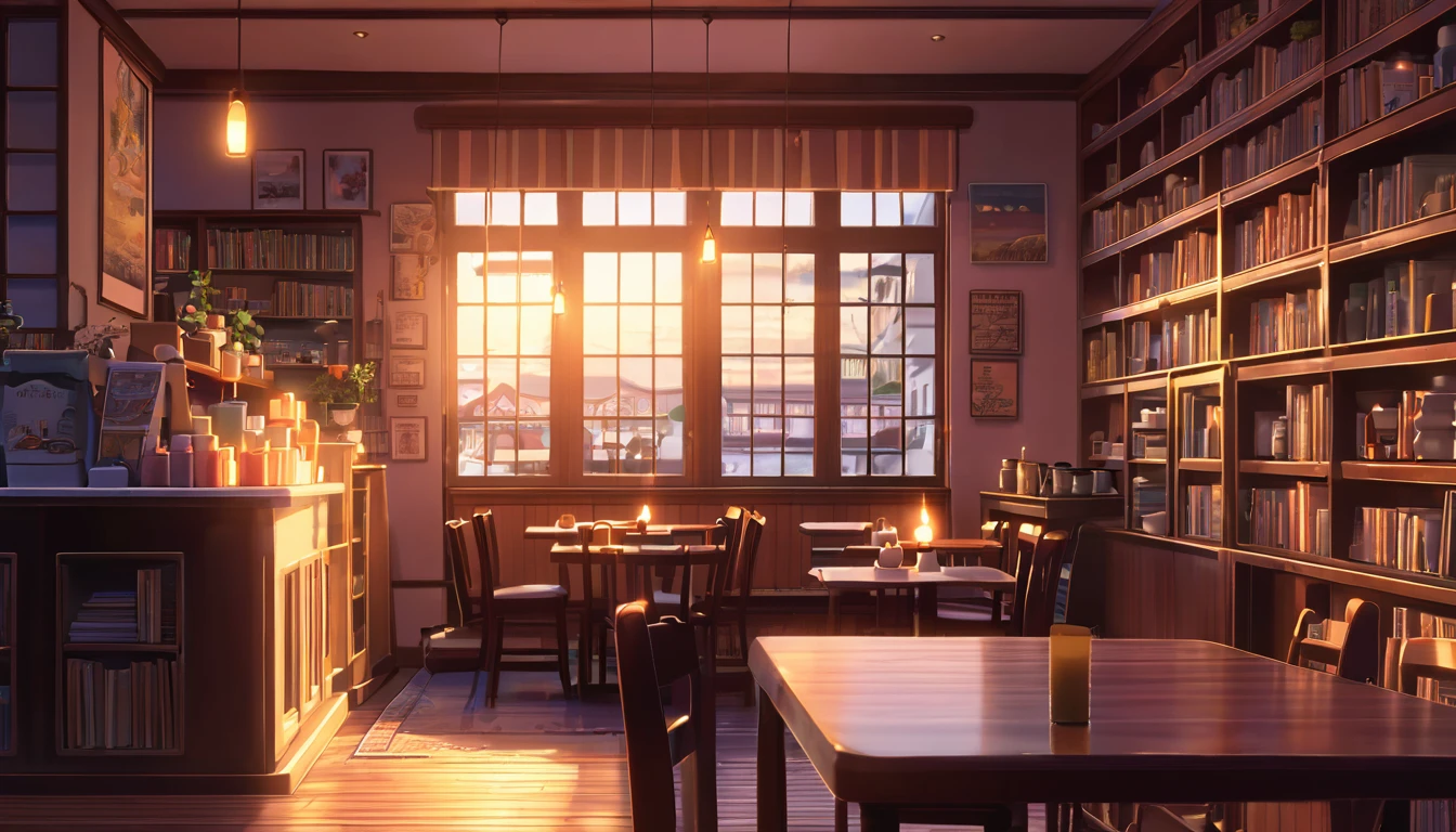 Produce a lo-fi aesthetic anime illustration of a cozy and empty cafe during twilight, with book shelves, lit candles and a roaring fireplace in the background. The soft light of the candles should illuminate the details of the room.