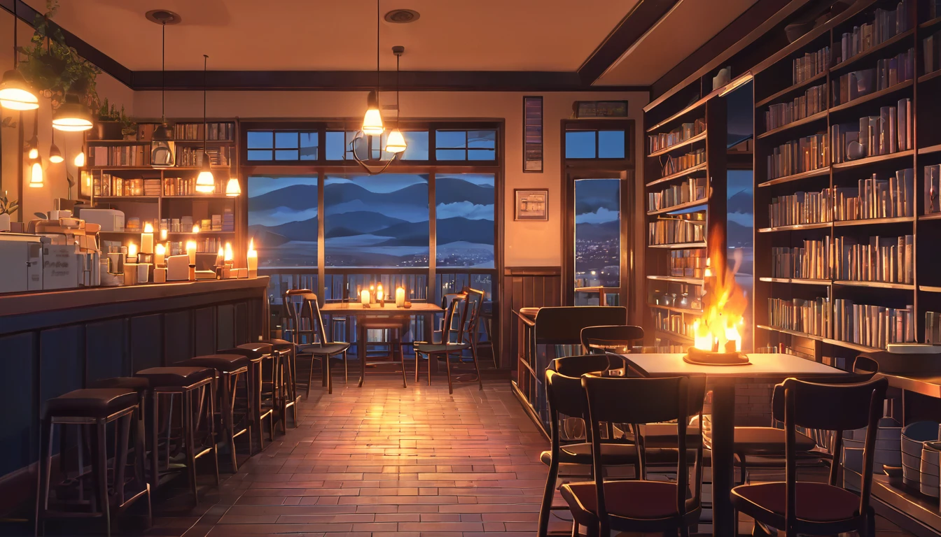 Produce a lo-fi aesthetic anime illustration of a cozy and empty cafe during twilight, with book shelves, lit candles and a roaring fireplace in the background. The soft light of the candles should illuminate the details of the room.