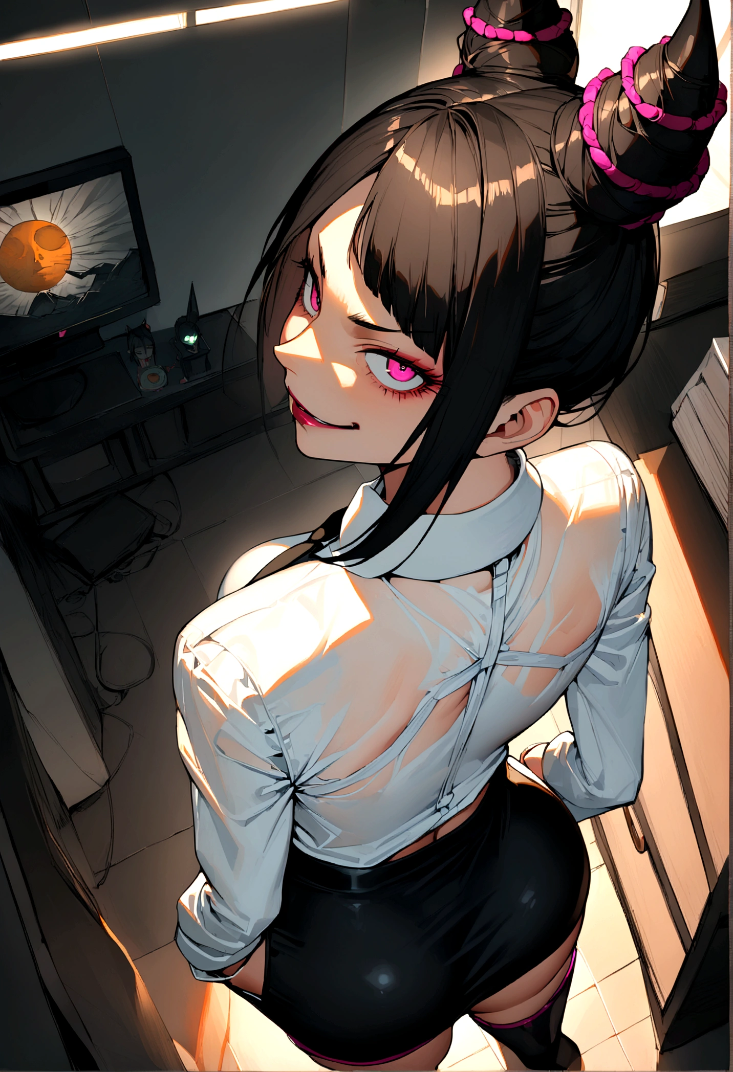 juri han, looking back,hands in pocket,work of art, tight white secretary shirt with black tie, black high waist skirt, short skirt,stocking, black hair, black tightscary sun,office,bangs on the eyes,lighting,horn of hair,view from above,evil smile,beautiful ass detailed
