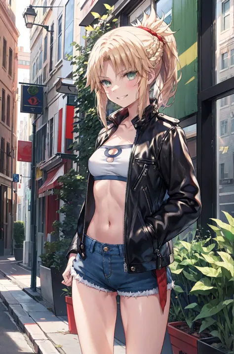 Masterpiece, Best Quality, illustration, city street, 1girl, Mordred \(fate\), cowboy shot, collarbone, Detailed blond hair pony...
