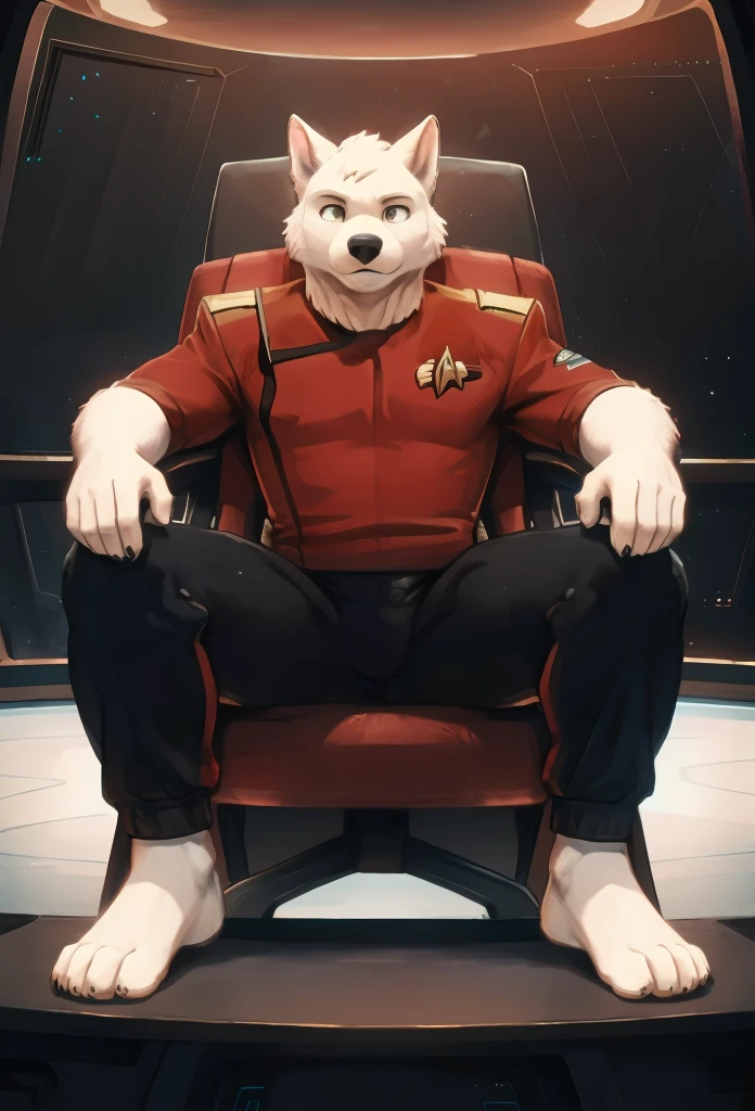 (((Barefoot furry character, full body, cinematic setting, furry male, plantigrade))) 

(((Bolt))) (anthro dog with white fur, very cute and young looking face, big black snout), exudes confidence and authority as he sits in the captain's chair, and his (((Star Trek uniform))) with the Starfleet Delta badge on his chest is a perfect match for his muscular figure. Handsome clawed feet paws dominate the bridge of the star ship and its crew. ((Bridge of Star Trek starship with many screens and consoles as background)), futuristic look, metalic. anatomically correct, Long black pants, red shirt of security officer. (((twokunf uniform)))

BREAK, intricate details, highly detailed, extreme detail, octane render, fine art, best quality, highres, (detailed face:1.5), ((full_body)), UHD, (((perfect hands))), low light