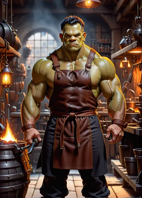 orc blacksmith, (young muscular male: 1.5), (serious look: 1.5), muscular, (blacksmith clothing and leather apron: 1.5), smithy ...