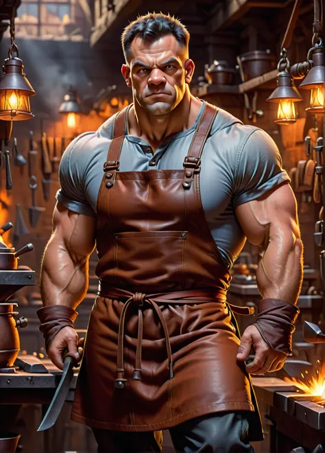 orc blacksmith, (young muscular male: 1.5), (serious look: 1.5), muscular, (blacksmith clothing and leather apron: 1.5), smithy ...