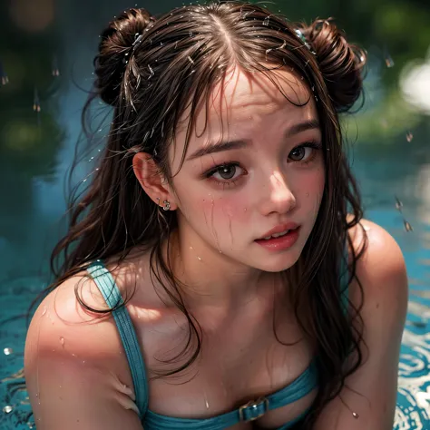 masterpiece of extremelydetailed (professionalphoto of stunning women:1.4) looking at sky, (((downpour))), braidhair with bun, (...