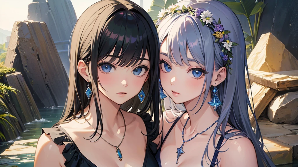 Official Art,(最high quality, masterpiece:1.2), エルフのポートレートphotograph、3 Girls, 最high quality, masterpiece, High resolution, [purple|Sliver|green] _hair, Swimsuit accessory, necklace, jewelry, Beautiful Face, I&#39;m looking forward to, Full body image, Realistic, Outdoor, Modern Pool, Two-tone lighting, (Skin with attention to detail: 1.2), 8K Ultra HD, Digital SLR, Soft Light, high quality, Volumetric Light, Frank, photograph, High resolution, 4K, 8K, Background Blur