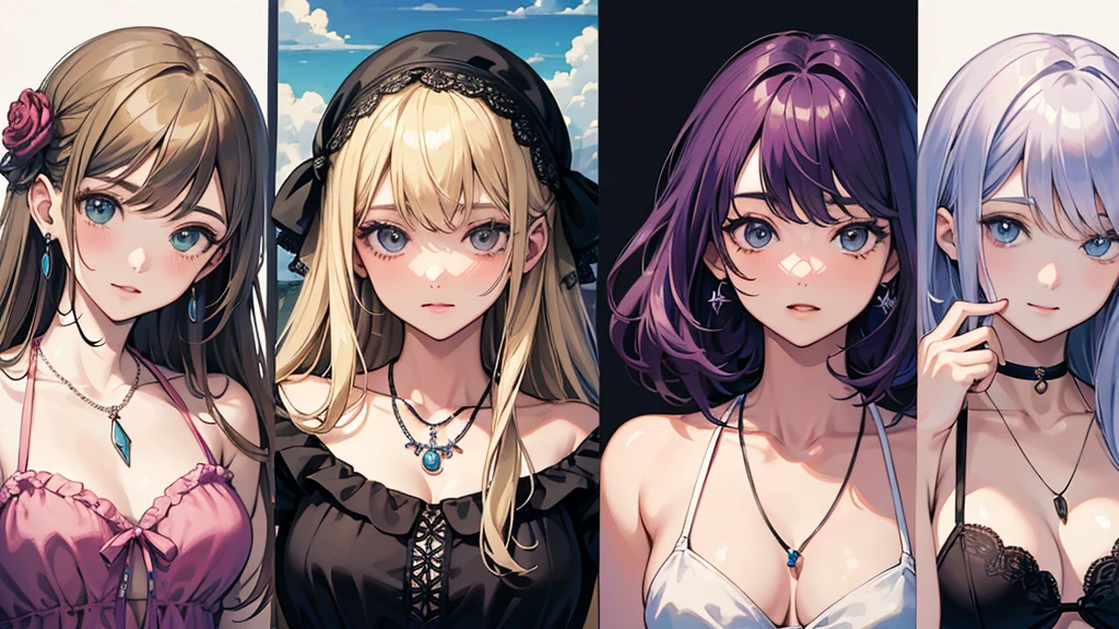 Official Art,(最high quality, masterpiece:1.2), エルフのポートレートphotograph、3 Girls, 最high quality, masterpiece, High resolution, [purple|Sliver|green] _hair, Swimsuit accessory, necklace, jewelry, Beautiful Face, I&#39;m looking forward to, Full body image, Realistic, Outdoor, Modern Pool, Two-tone lighting, (Skin with attention to detail: 1.2), 8K Ultra HD, Digital SLR, Soft Light, high quality, Volumetric Light, Frank, photograph, High resolution, 4K, 8K, Background Blur