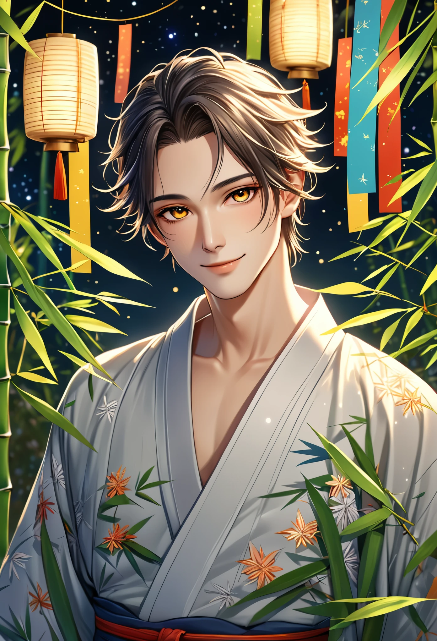 (masterpiece, 8K, Absurd, Digital Art, Digital Illustration, Realistic, Very detailed, Realistic lighting), (Perfect Face, Perfect Eyes, Perfect body), male,1 person、Miyabi、On the night of Tanabata, a young androgynous man stands in front of bamboo leaves. He is wearing a traditional yukata robes and has a gentle smile on his face. In the background, there are many bamboo leaves and colorful paper strips, creating a bright and festive atmosphere of the festival. Stars shine in the night sky, creating a fantastic and beautiful scene. The man has flowers in his hair, which, together with his smile, emphasizes the calm and happy mood.