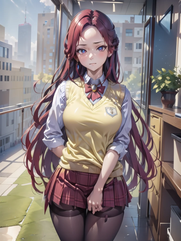 meakurosaki, mea kurosaki, ahoge, blue eyes, braid, hair intakes, hair ornament, long hair, red hair, hair braid,
BREAK green skirt, plaid, plaid skirt, sainan high , , skirt, shirt, white shirt, sweater vest, (yellow sweater vest:1.5),
BREAK looking at viewer,
BREAK indoors, classroom,
BREAK (masterpiece:1.2), best quality, high resolution, unity 8k wallpaper, (illustration:0.8), (beautiful detailed eyes:1.6), extremely detailed face, perfect lighting, extremely detailed CG, (perfect hands, perfect anatomy),