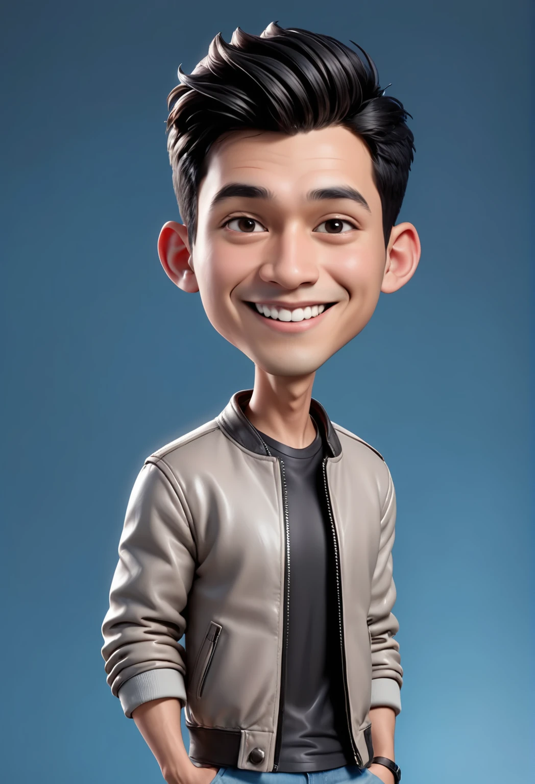 Create a 3D animation of a cartoon caricature with a big head. a 20 year old Indonesian man. He has short black hair parted on the right side. His face is oval with smooth lines, thick and neat black eyebrows, normal eyes, a big nose, and thin lips with a wide, friendly smile. He wore a light gray leather jacket over a white t-shirt. Gradient blue background with professional lighting. masterpiece, top quality, highly detailed skin and face, ultra-realistic, high definition, studio lighting, sharp focus, 2/3 body angle, Concept Art, 3D rendering.